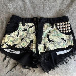 Black Coal N Terry Ripped Distressed Shorts with Studs and Money DESIGN